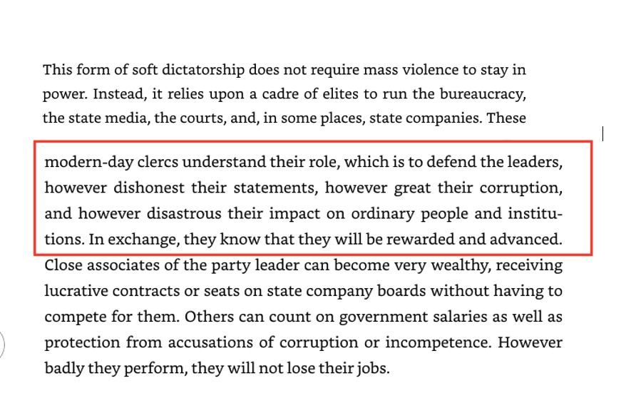 Screenshot from book says "modern-day clercs understand their role, which is to defend the leaders, however dishonest their statements, however great their corruption and however disastrous their impact on ordinary people and institutions. In exchange, they know that they will be rewarded and advanced."