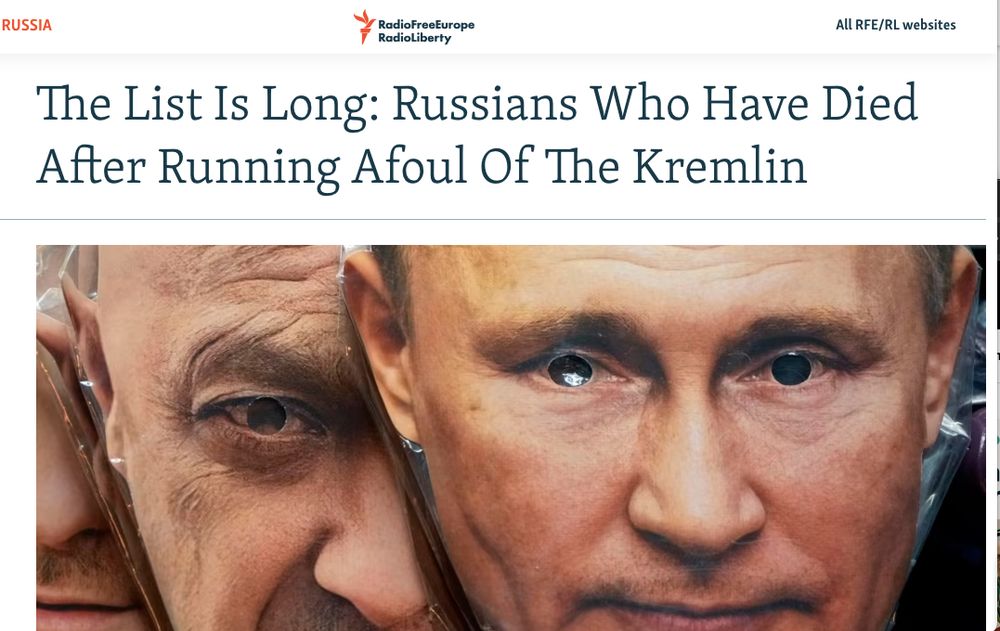 Screenshot of Radio Free Europe headline: The List Is Long: Russians Who Have Died After Running Afoul Of The Kremlin