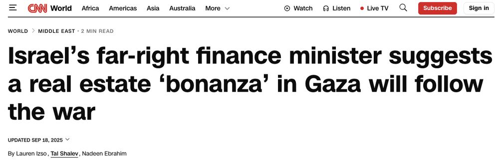 Screenshot of CNN headline: Israel's far right finance minster suggests real estate bonanza in Gaza will follow the war