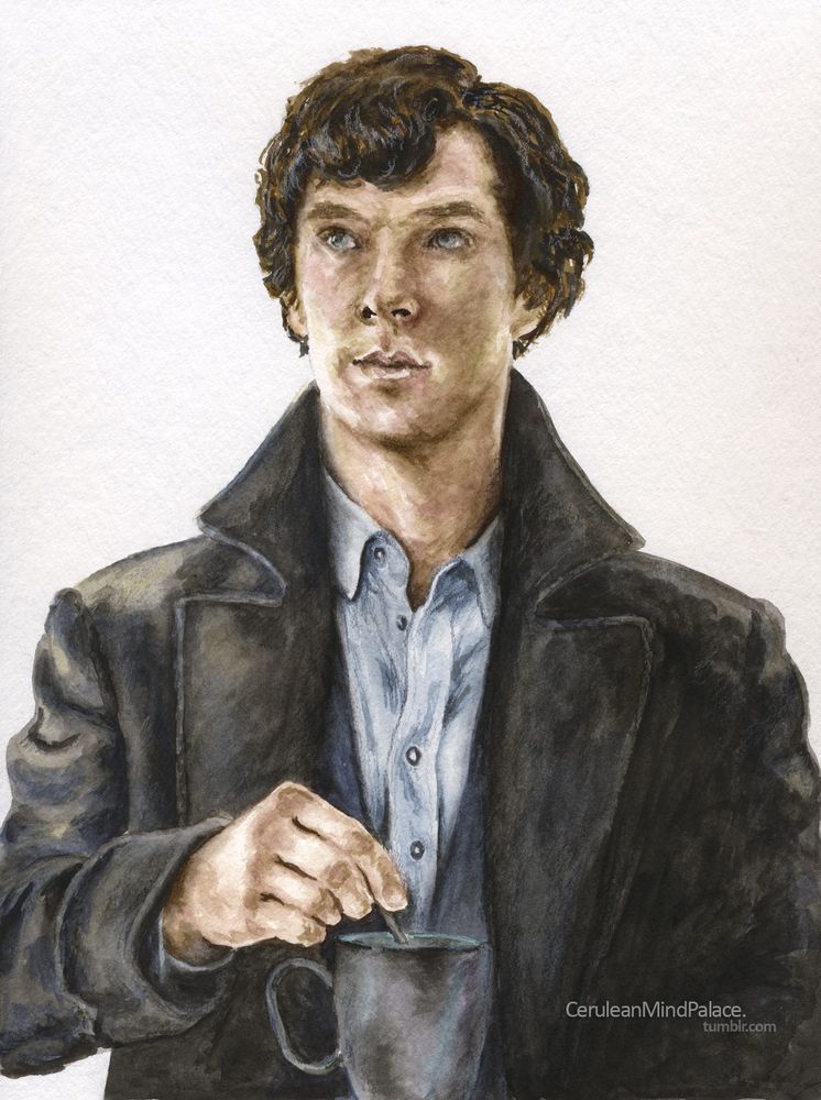 Sherlock stirring his tea from the Baskerville episode. Portrait format. He is wearing a pale blue shirt and his coat and it looking up.