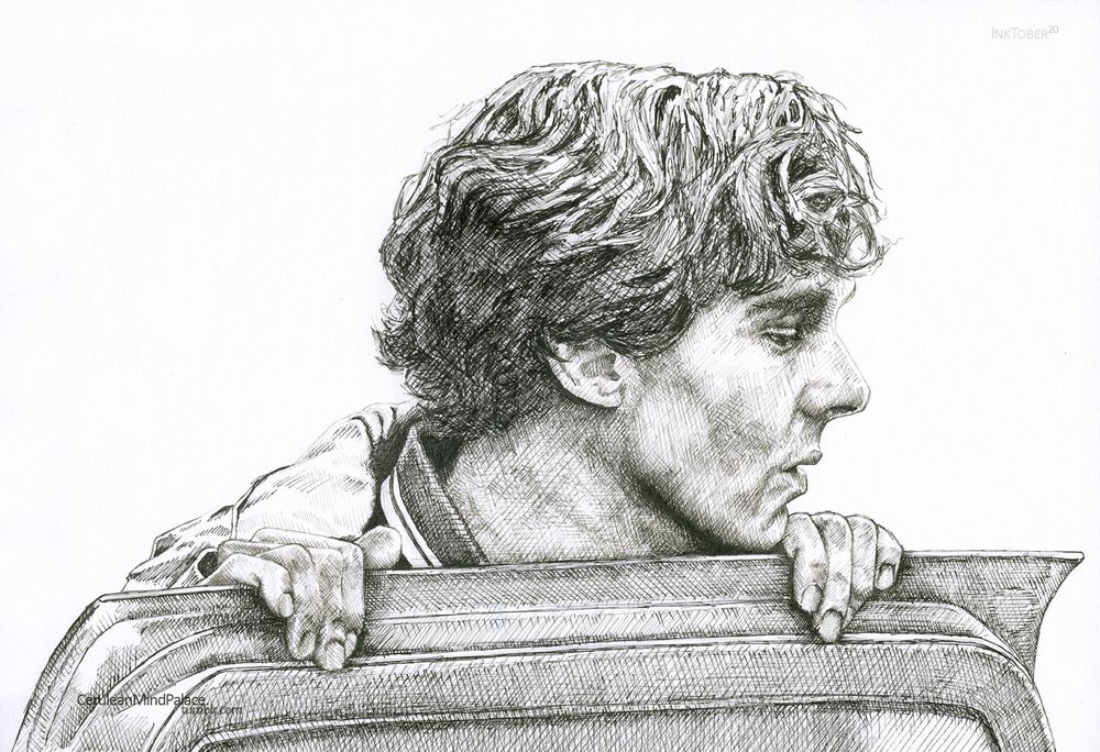 Finely hatched black and white drawing of Sherlock clinging to the upper part of an open car door. He is peeking over it with both hands on it. White background, cross hatched.