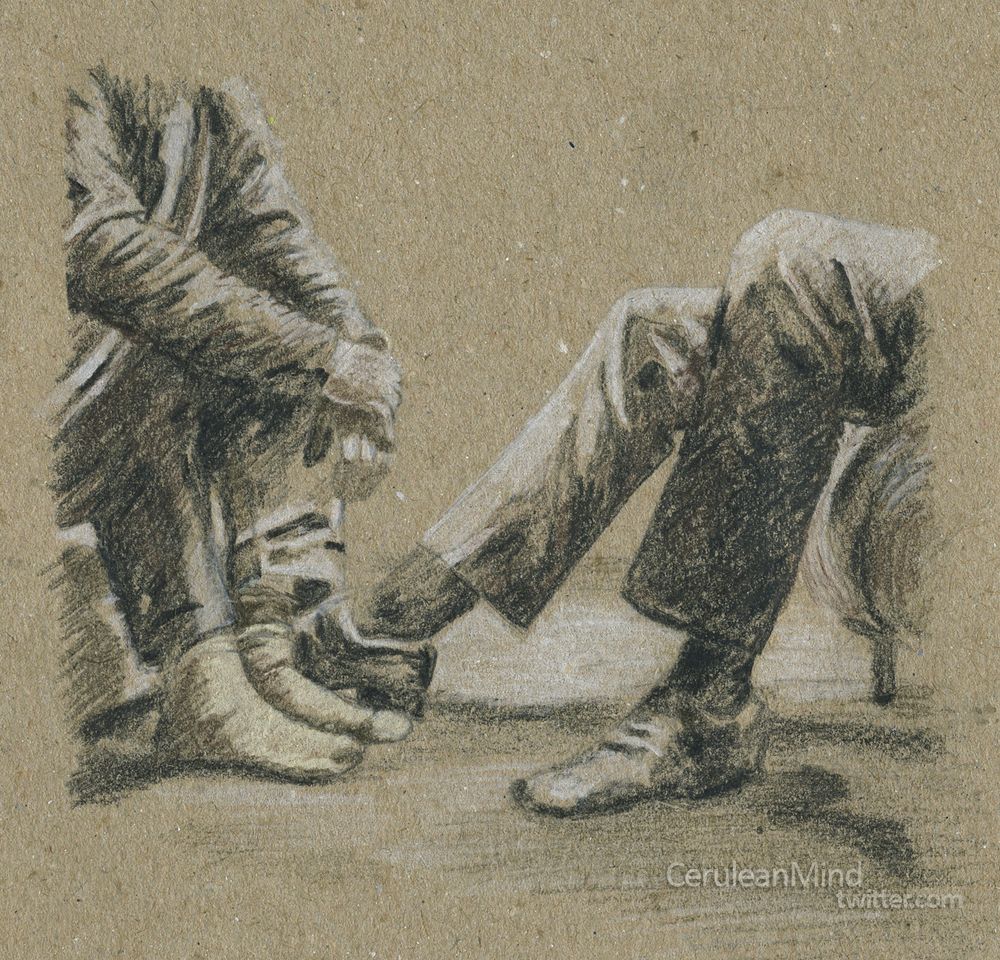 Four drawings from the drunk game scene after the stag night. Black and white, drawn on brown paper. Only the legs are visble.