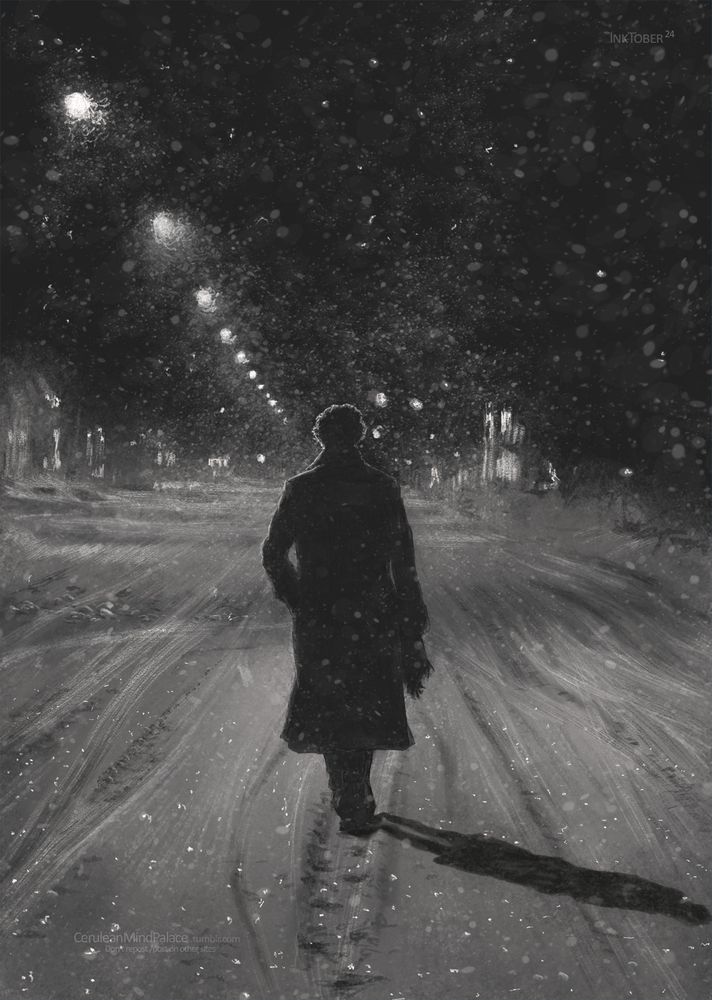 Black and white painting on black canvas. Sherlock from behind in his coat walking down an empty street in the dark while it is snowing heavily. The street is covered in a moderately high layer of snow and streetlamps are the source of light from above. 