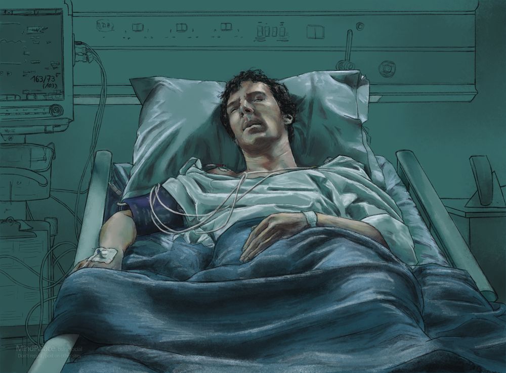 Painted scene from 'The Lying Detective'. Sherlock in the hospital bed with his eyes closed. The canvas is in a dark petrol tone and the background is drawn in black and white, only Sherlock is painted with colour. Watercolour and pencil brushes, landscape format.