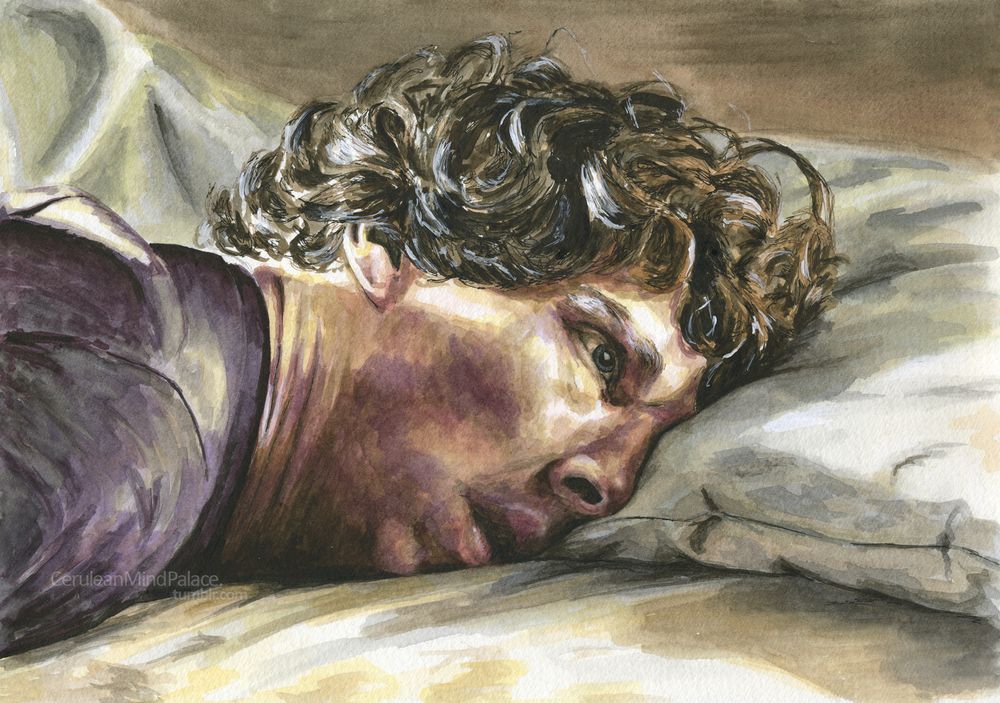 Close up painting of Sherlock's face while he is lying on his belly in his bed after Irene drugged him. He's wearing a purple shirt and his eyes are staring into nothingness.
