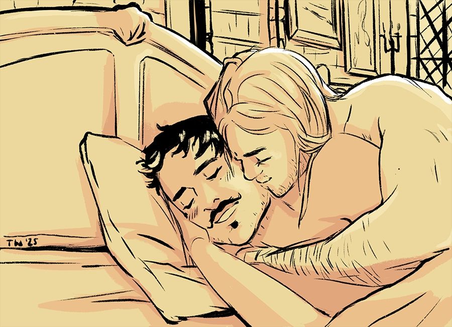 Inquisitor Vaxus Trevelyan hugging sleepy Dorian Pavus in their bed at Skyhold's room. From Dragon Age 