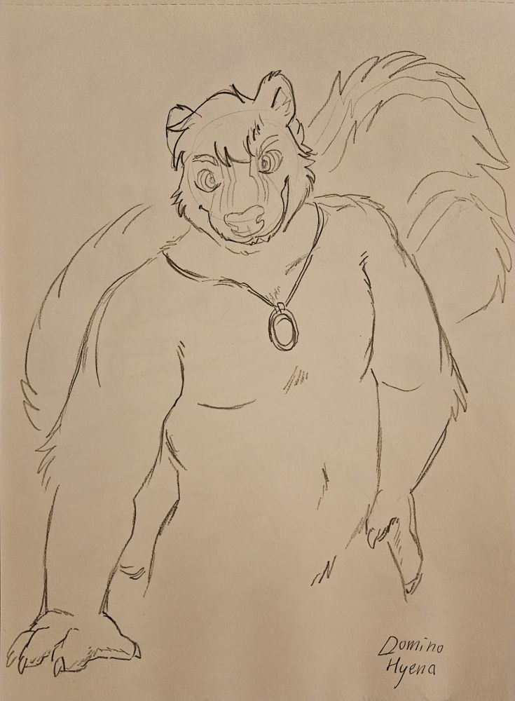 Azure the skunk with his hand on a flat surface and the bother on his hip, leaning forward as his eyes display a hypnotic pattern to the viewer. 