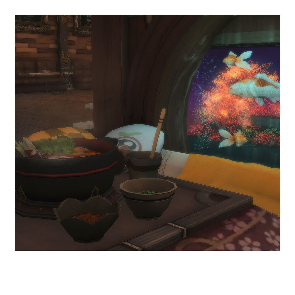 Many dishes from a hot pot set atop a kotatsu in a cozy corner, a fishtank with Koi and Goldfish swimmin behind