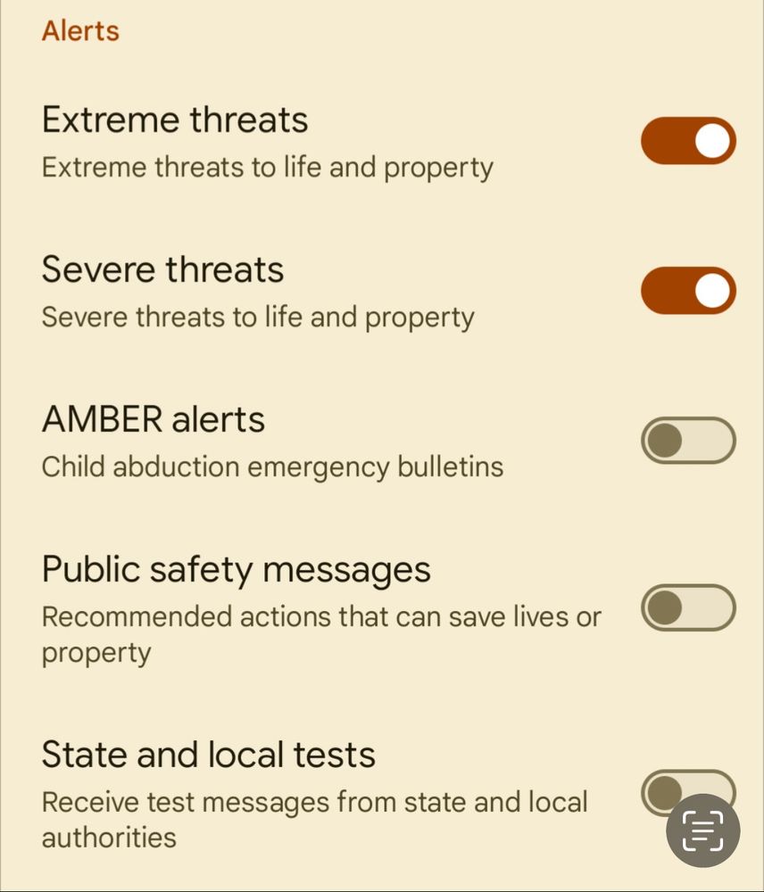 Alerts
Extreme threats
Extreme threats to life and property
Severe threats
Severe threats to life and property
AMBER alerts
Child abduction emergency bulletins
Public safety messages
Recommended actions that can save lives or property
State and local tests
Receive test messages from state and local authorities