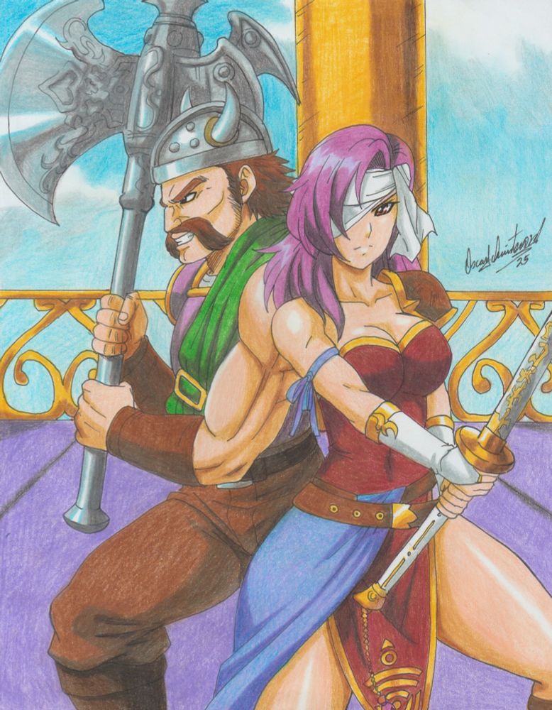 Artwork of Malice and Dice, depicting them back-to-back and battle ready. By @ravernclouk.bsky.social‬.