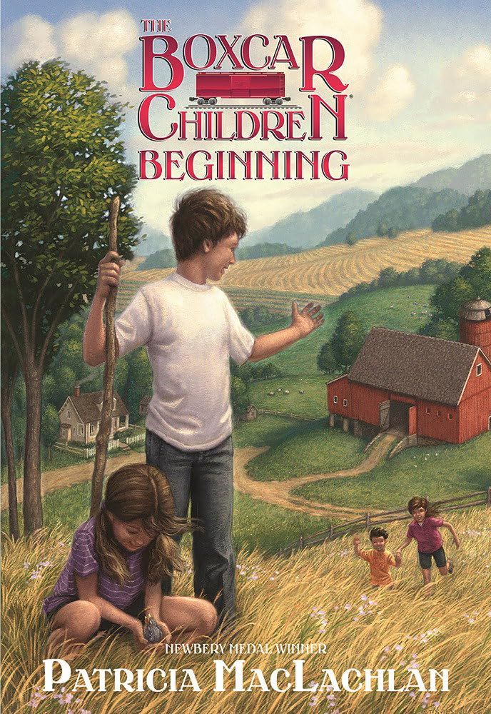 the cover of The Boxcar Children Beginning, four young children frolic in a wheat field in an American farmstead. Very little indicates the time they're living in besides a vague late 21st century clue of one of the sisters wearing jean shorts.
