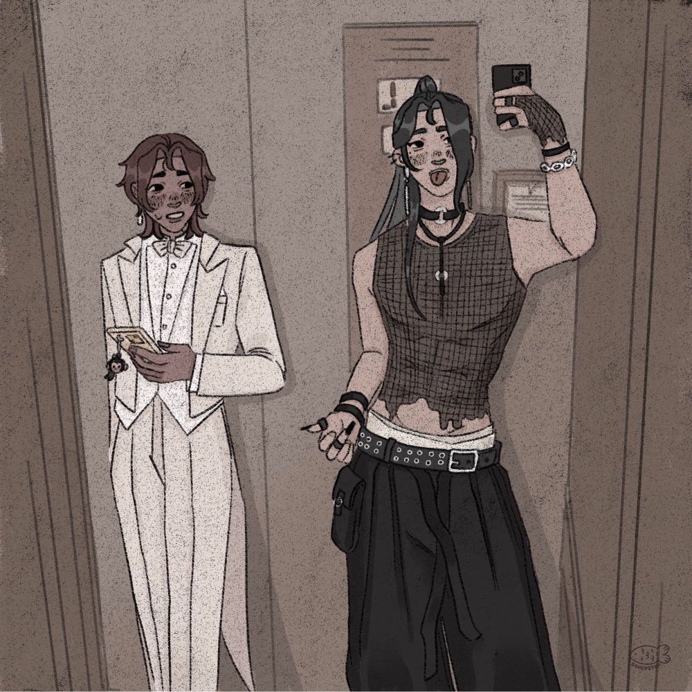 fanart redraw in which shi qingxuan and he xuan are inside an elevator. shi qingxuan is wearing a white and beige pianist tuxedo, while he xuan is wearing a transparent top and  baggy black cargo pants while taking a mirror selfie.