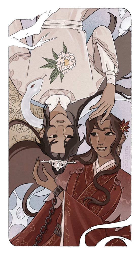 coloured fanart of the main couple of the chinese danmei ‘mistakenly saving the villain’. song qingshi is looking at yue wuhuan and reaches his right hand to touch his hair. xiao bai, a white snake, surrounds his neck and seems to head towards the flower pattern in his clothes. song qingshi is surrounded by old papers with scientific and botanical annotations, two white rats and a tree branch. yue wuhuan, upside down, is reaching his left hand towards song qingshi’s hairpiece. he’s smiling as he looks at him, his body leaning to his left. he’s surrounded by a shiny, oval shaped rock and two ribbons.