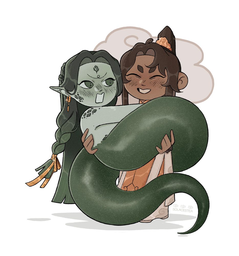 coloured chibi fanart of zhuzhi-lang and gongyi xiao. gongyi xiao is smiling which his eyes closed as he holds zhuzhi-lang in his arms. zhuzhi-lang is blushing and looks a bit angry. 