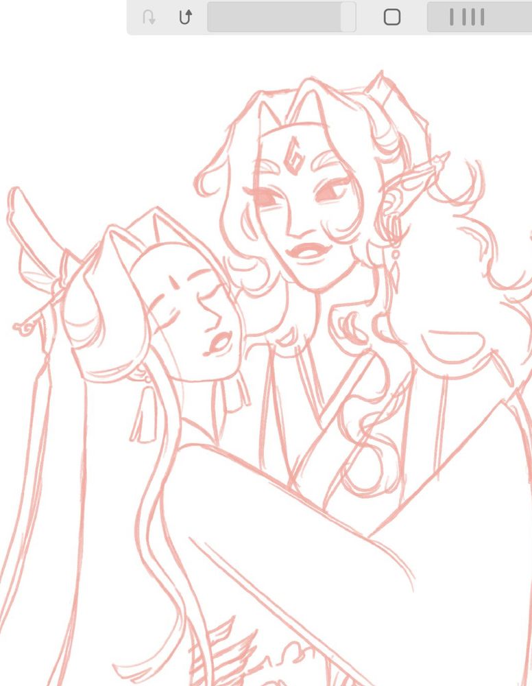 close up on a light red sketch of fem! bingqiu dancing. binghe is holding sqq’s waist and looking at her, while sqq is smiling with her eyes closed.