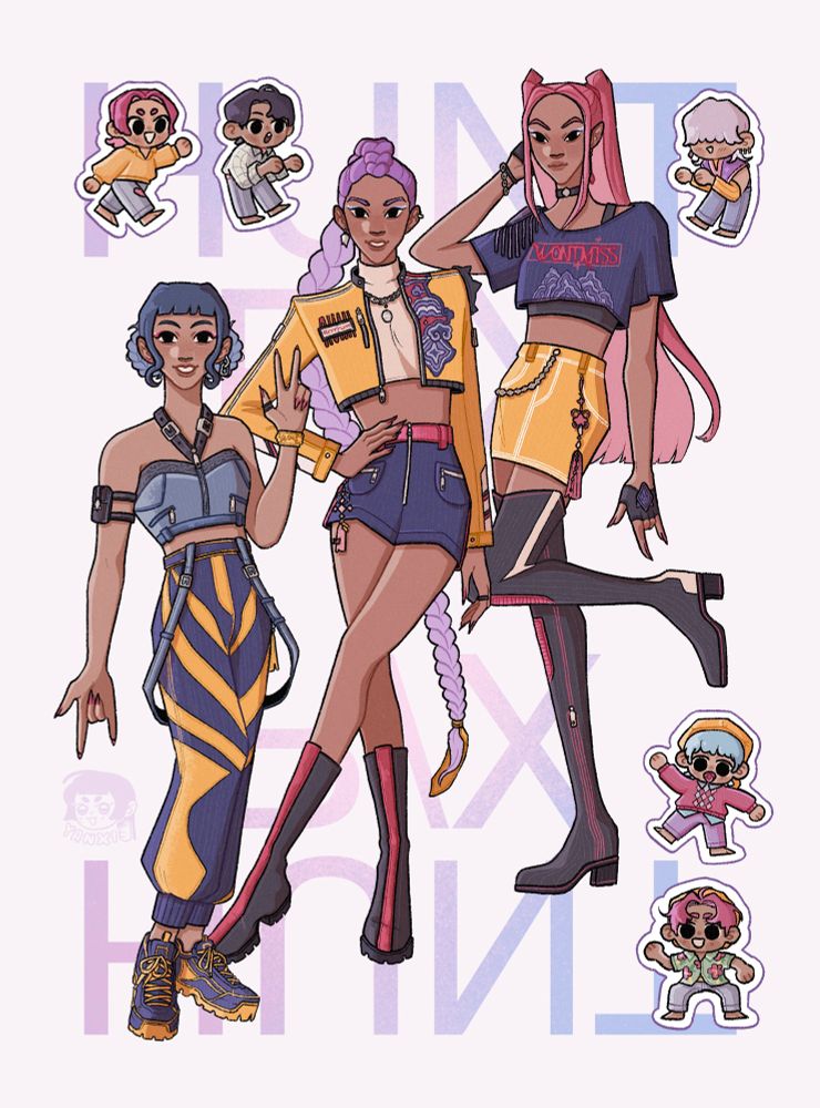 a coloured fanart of huntr/x and saja boys from the movie ‘kpop demon hunters’ on a light purple background. zoey (on our left), rumi (on the centre) and mira (on our right) are posing with a similing expression and looking up front. the saja boys, in chibi form, are surrounding them while doing silly poses (romance, jinu and mystery on top, and baby and abby on the bottom of the drawing). on the background, it reads ‘HUNTR/X’ and the text has a purple and pink gradient. 