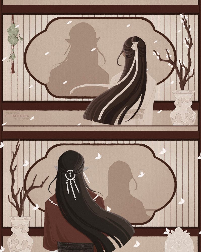 a two panel coloured fanart of hualian, who are separated from each other by a wall, only able to see one another’s shadows through the paper screen. 

on the top panel, xie lian looks at hua cheng’s shadow as his ribbon sways. there is a broken jade token hanging on the wall to his left, and a branch with little white flowers on a vase. xie lian is surrounded by the white petals of the white flowers. 

on the bottom panel, hua cheng looks at xie lian’s shadow and his hair flows with the breeze. to his left there’s a bare branch on a vase, and to his right there’s a shiny stone statue of taizi dianxia. he’s surrounded by white butterflies. 