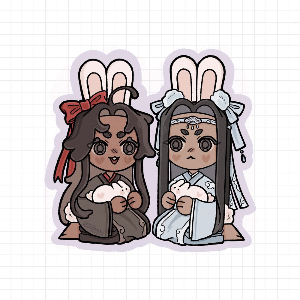 coloured chibis of bunny!wangxian. they are sitting next to each other holding two bunnies in their arms. wwx has a red ribbon decorating one of his bunny ears, while lwj has two pompons. 