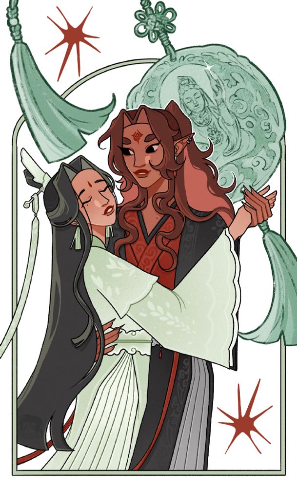a coloured drawing of fem bingqiu in which they are slow dancing together. luo binghe is looking gently at shen qingqiu, who has her eyes closed and her head slightly tilted to the right. luo binghe is holding shen qingqiu’s waist and leading her by holding her right hand. behind them there’s a light green frame, a guanyin jade pendant and two red stars. 