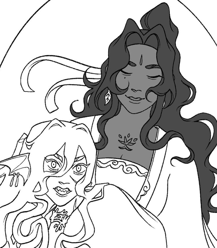 fem beefleaf wip in which sqx is smiling with her eyes closed while siren! he xuan is leaning on her knees and staring menacingly at the viewer