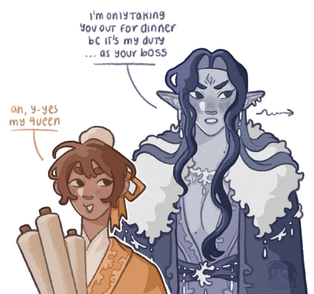 coloured sketch of fem moshang. sqh, on the left, glances sideways at mbj, who looks away with a shy expression. the speech bubble above mbj reads: “i’m only taking you out for dinner bc it’s my duty… as your boss” while the one above sqh reads: “ah, y-yes my queen”