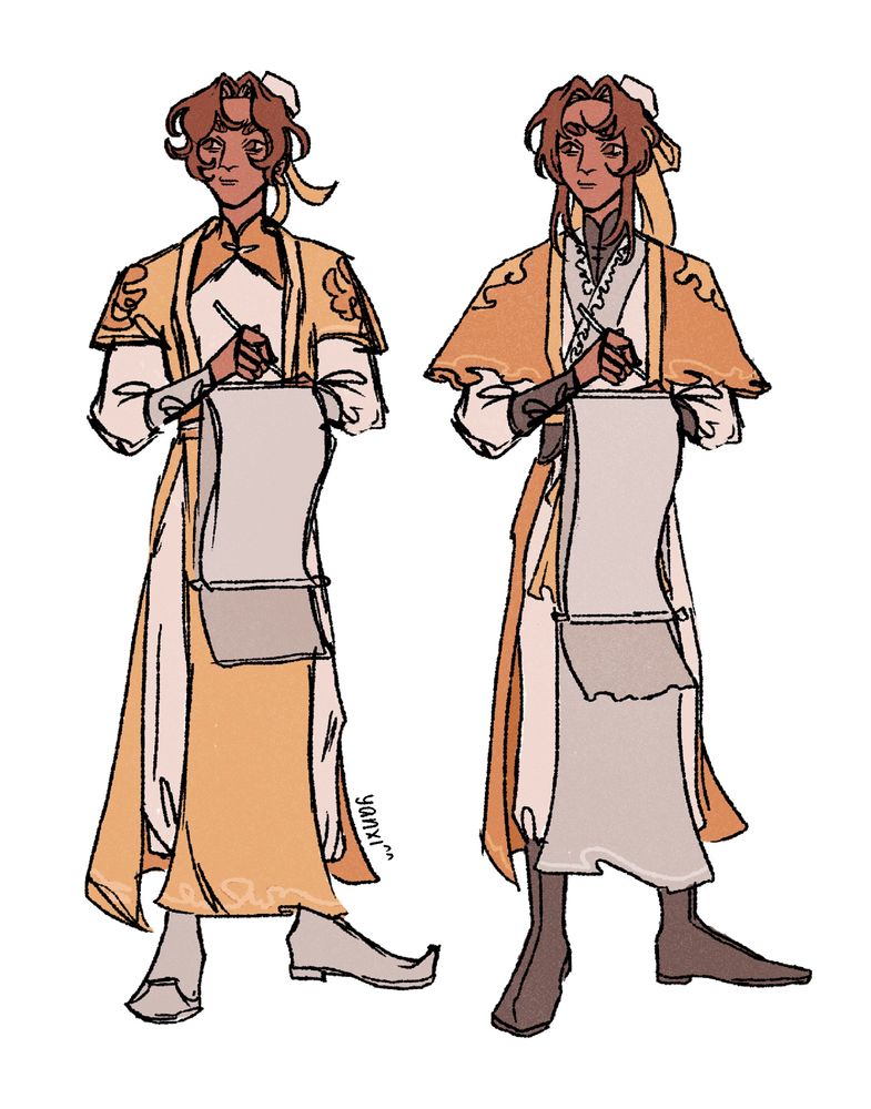 coloured sketches of two different sqh designs: the english version in yellow on the left and the japanese version in yellow on the right. in both, shang qinghua is is looking to our left as he writes on a scroll. 
