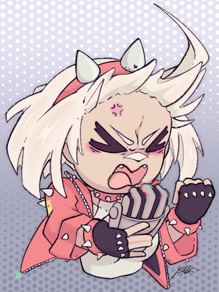 Elphelt Valentine screaming into her mic making an angry face, while her hair is flying through the air.