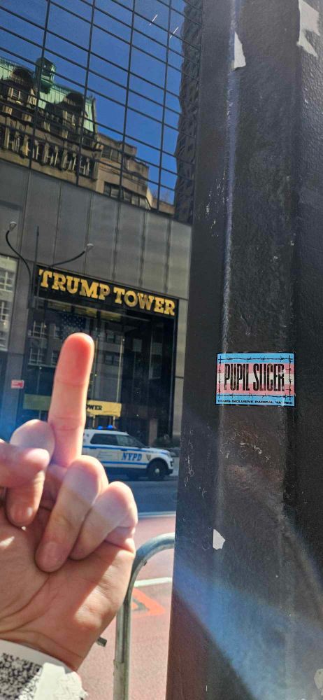 A sticker that says "PUPIL SLICER, Trans Inclusive Radical Hatred" posted in front of Trump Tower, NYC, there is a police car in front of the tower and a middle finger raised towards the tower.