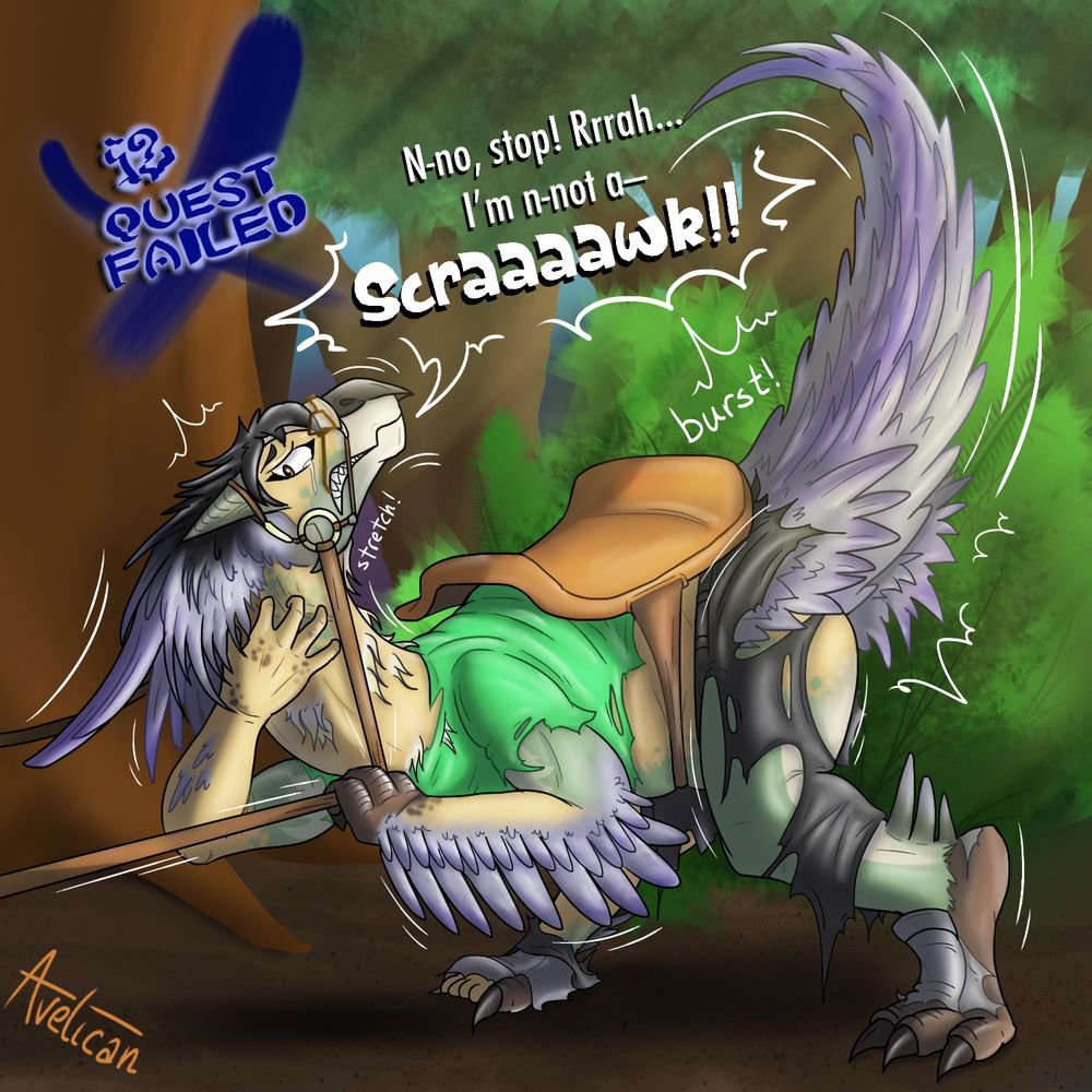 Ave is turning into a Seikret, a feathered dinosaur from monster hunter. He has reins and a saddle attached to him, and his feathery tail bursts from his pants. 