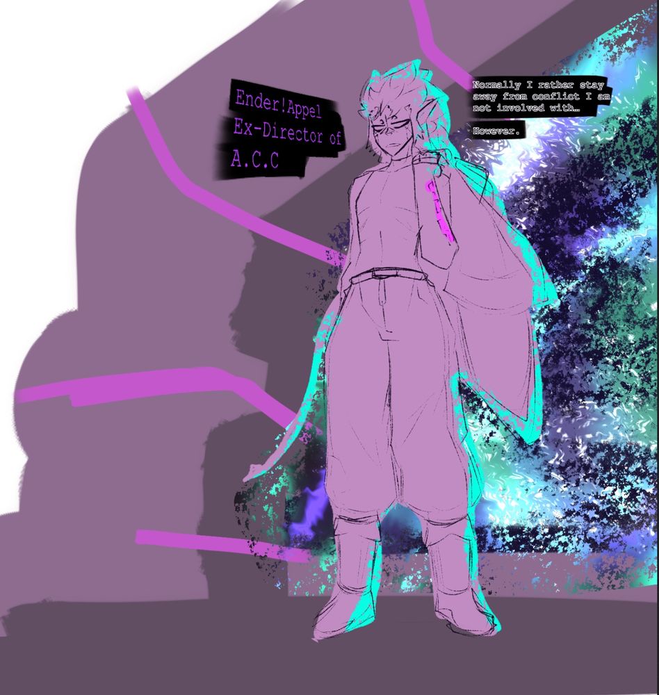 Ender!Appel entrance 1 Titlecard sketch of her exiting a StarGate from his continuity into the arena.

Ender!Appel 
EX-Director of the A.C.C (Anomalous Containment Coalition)

“Normally I rather stay away from conflict I am not involved with…”
“However.”