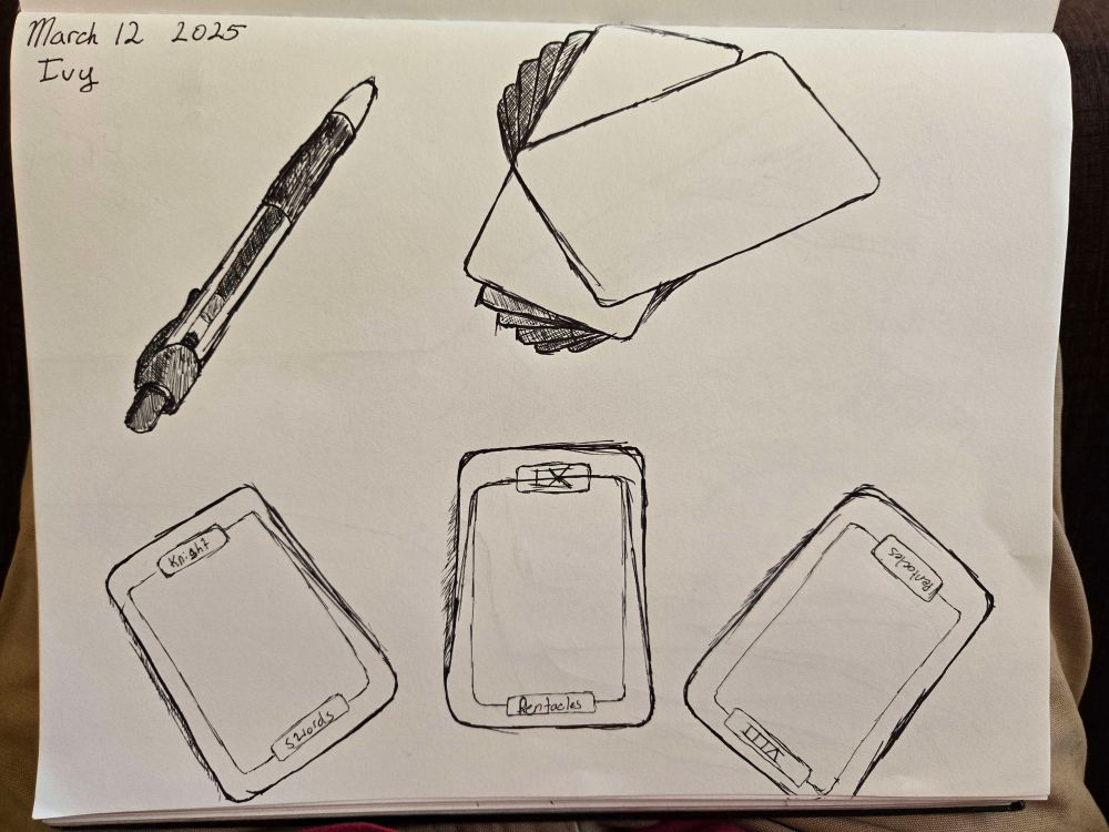 A tarot reading and a pen. Black ink on paper.