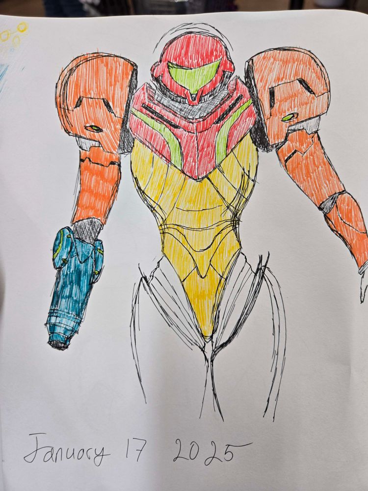 A woman in brightly colored armor with a cannon on her right arm.