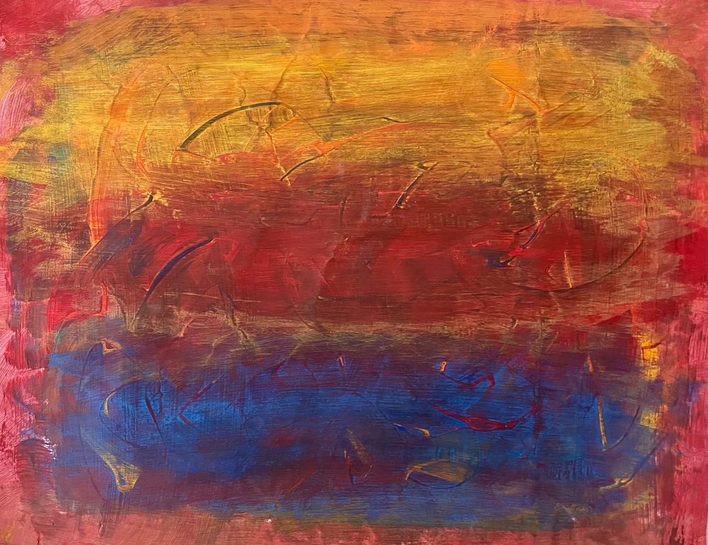 Abstract painting, color studies with yellow at the top, red in the middle, and blue at the bottom, with a mix of them and swirls interspersed.