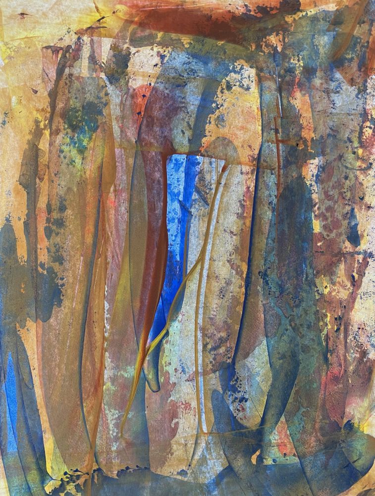 Abstract painting with browns, ochre, rust, dark green-gray, and a bright royal blue, in vertical lines and curves. 