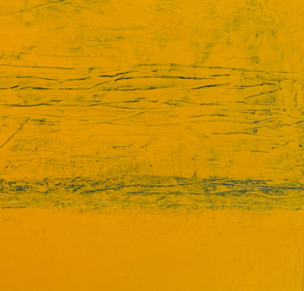 Abstract painting with deep warm yellow, and subtle horizontal slightly wavy lines of blues and purples showing through in the top 2/3. 