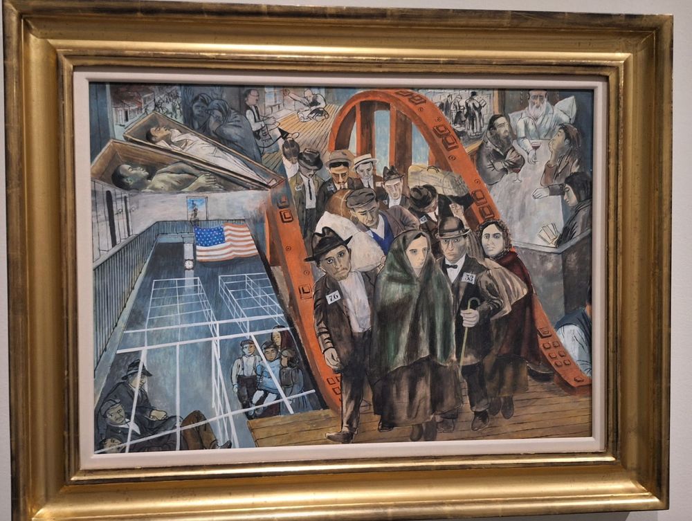 Ben Shahn painting of immigrants on bridge, at Ellis Island, in old country, in a coffin, at a table, etc.