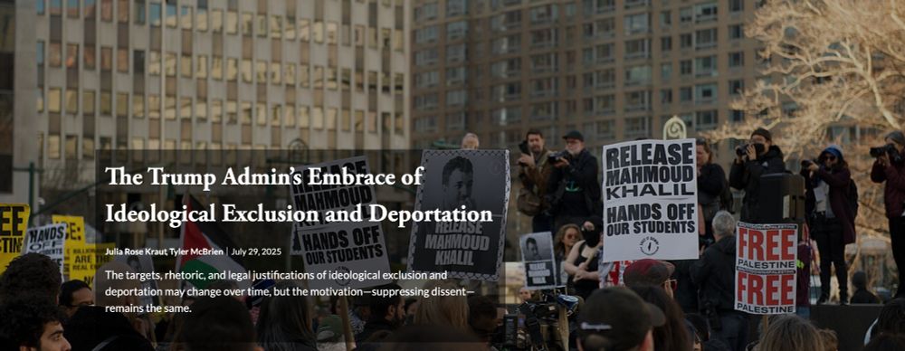 Headline of article "The Trump Admin's Embrace of Ideological Exclusion and Deportation" with picture of protest of Mahmoud Khalil's arrest