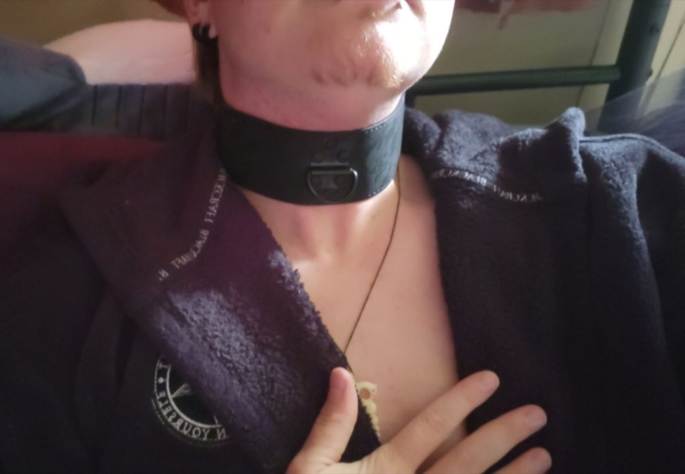 A shot of Blue from his chest to his chin. He's wearing a fluffy black robe and a thick black collar with a black d-ring.