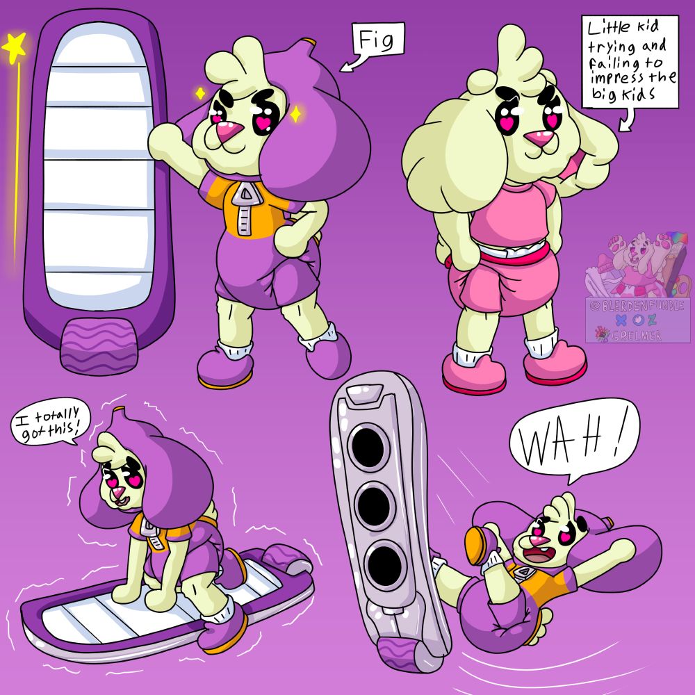 Picture of Padding if they were in Sk8 Smoothie. Their skating outfit is a fig. It shows them in the outfit and in their street clothes. And also them trying to get on the board and failing. 