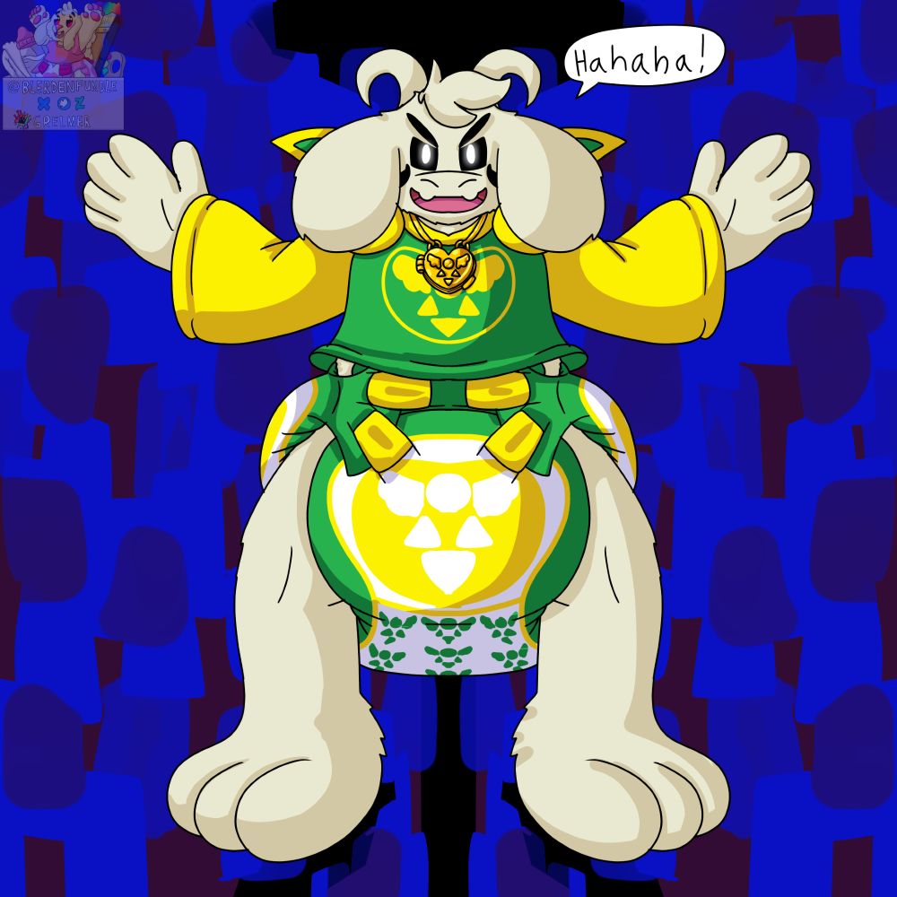 Picture of Asriel Dreemurr from Undertale in a shortened version of his robe and a massive, deltarune themed, diaper. He's saying "Hahaha!"