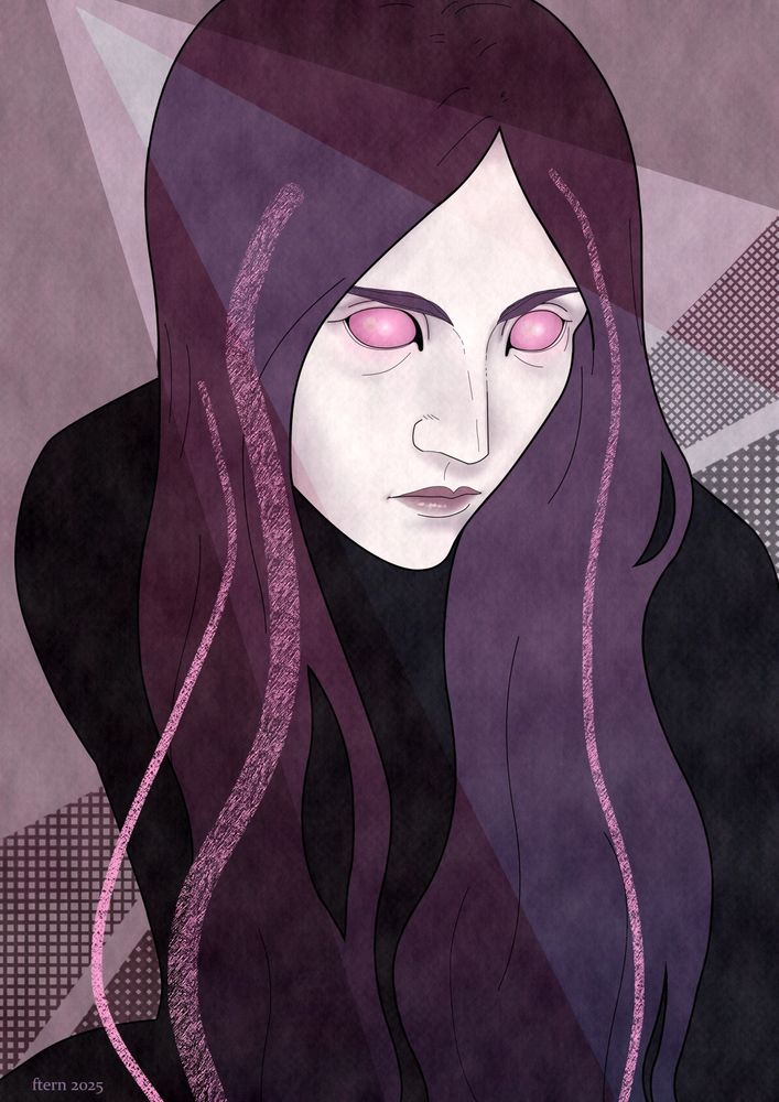a digital painting in predominantly lilac/black tones of vaarsuvius, a character from the webcomic order of the stick. they are a thin white person portrayed with glowing pink eyes and long purple hair, directly looking at the viewer. their face is stylized after a barn owl, and the background is overlaid with geometric textures at overlapping angles. some strands of their hair are highlighted in pink. the signature reads "ftern 2025".