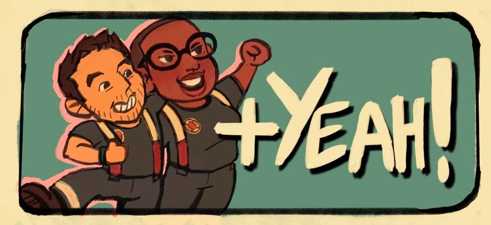 fanart of chimney and hen from the show 9-1-1. They have their arms around each other and cheering excitedly. A handwritten "yeah!" is next to them.
