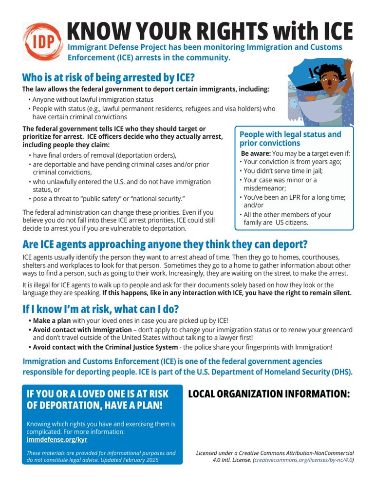 Bold text that says Know your rights with ICE. The flyers talk about who is at risk, who ICE is approaching, and what people at risk need to do