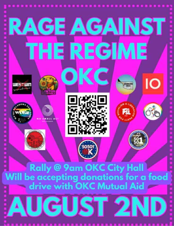Rage Against the Regime OKC flyer. Details about the event, Rally @9am OKC City Call. Will be accepting donations for a food drive with OKC Mutual Aid. 