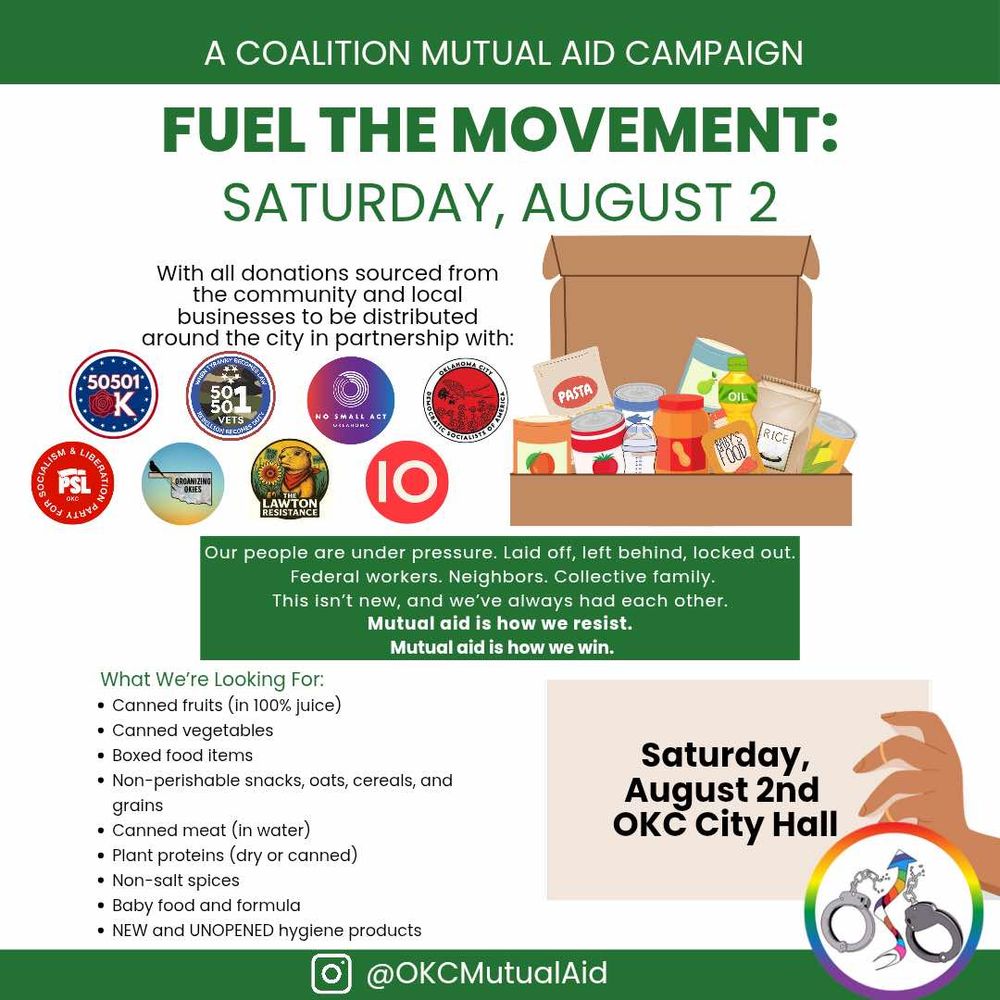 A coalition mutual aid campaign, Fuel the movement, Saturday August 2. Asking for non-perishable foods for the Rage Against the Regime protest @ City Hall from 9am-12pm 