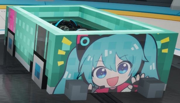 A screenshot from Sonic Racing: CrossWorlds. It's a teal Minecraft mine cart with a giant decal of a chibi Hatsune Miku waving on the back.