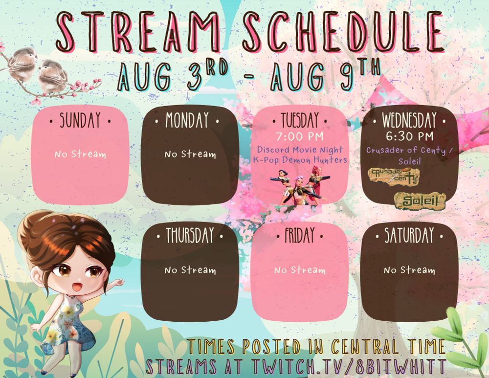 Watch K-Pop Demon Hunters in discord (linked in the second post) at seven P M Central on Tuesday, August fifth. Chat redemption stream on Twitch of Crusader of Centy (Soleil) will start at six thirty P M Central on Wednesday, August sixth. 