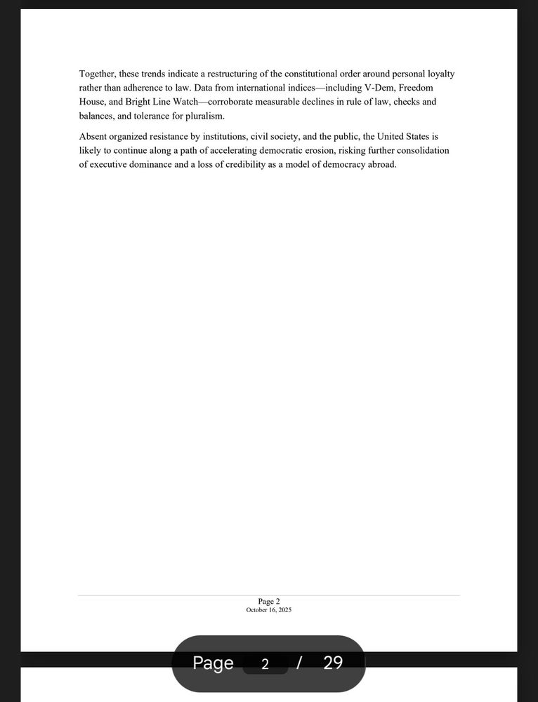 Final sentence of the intro:
“Absent organized resistance by institutions, civil society, and the public, the United States is likely to continue along a path of accelerating democratic erosion, risking further consolidation of executive dominance and a loss of credibility as a model of democracy abroad.”

Which begs the question: why is the BBC aiding/encouraging the same in the UK by not holding ReformUK to account whilst reporters earn high salaries paid by the very same public they are supposed to be informing?

More on Russian interference through social media disinformation is desperately needed. Also please have Peter Jukes or Carole Cadwalladr on the panel when you have anyone from ReformUK on Newsnight 
