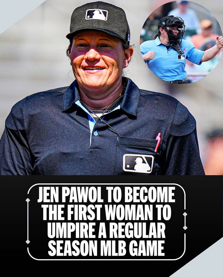 “Jen Pawoll to become the first woman to umpire a regular season MLB game” among with a photo of Jen in her plate blacks. 