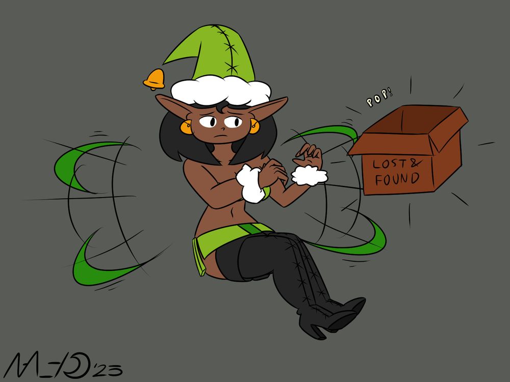 Postponed Present Panic (Part 4) - Doodle of Deuwood (OC), in her "Nymph" design (primarily patterned after Betilla the Nymph/Betilla the Fairy from Rayman Origins), still searching for her inventory records after being asked for them (see Part 1). After checking her hat and cleavage, she then causes a box titled "Lost & Found" to appear.